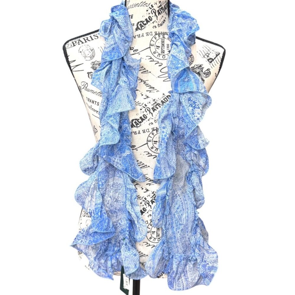 Ralph Lauren Blue Paisley Silk Ruffled Scarf Luxe Y2K New With Tag Green Label